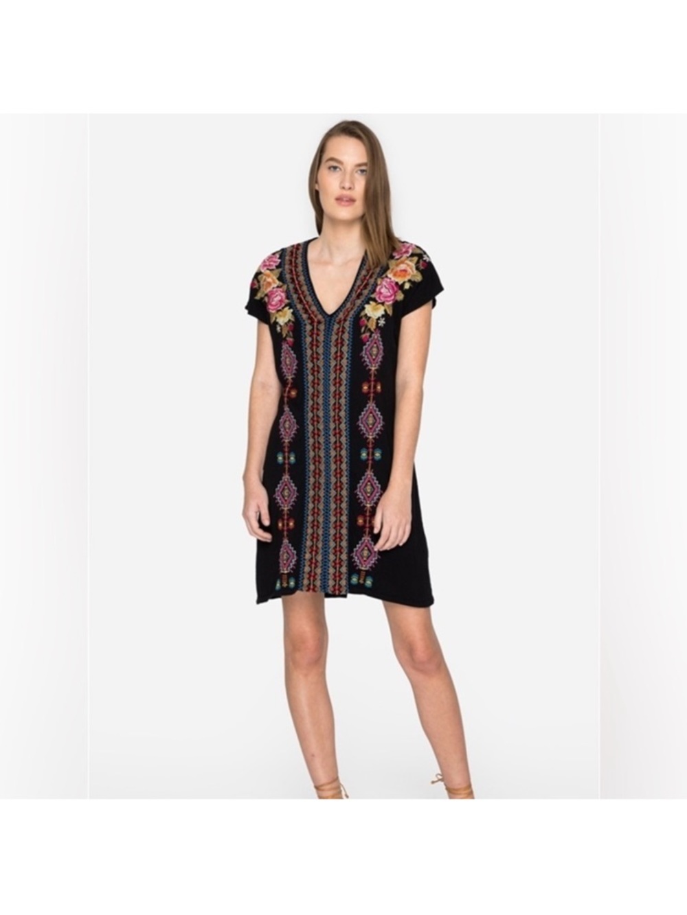 Johnny Was Black Dress with Pink and Yellow Floral Embroidery